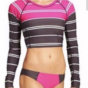 New ATHLETA Colorblock Pink Striped Crop Rashguard Brown White UPF 50+ P2466